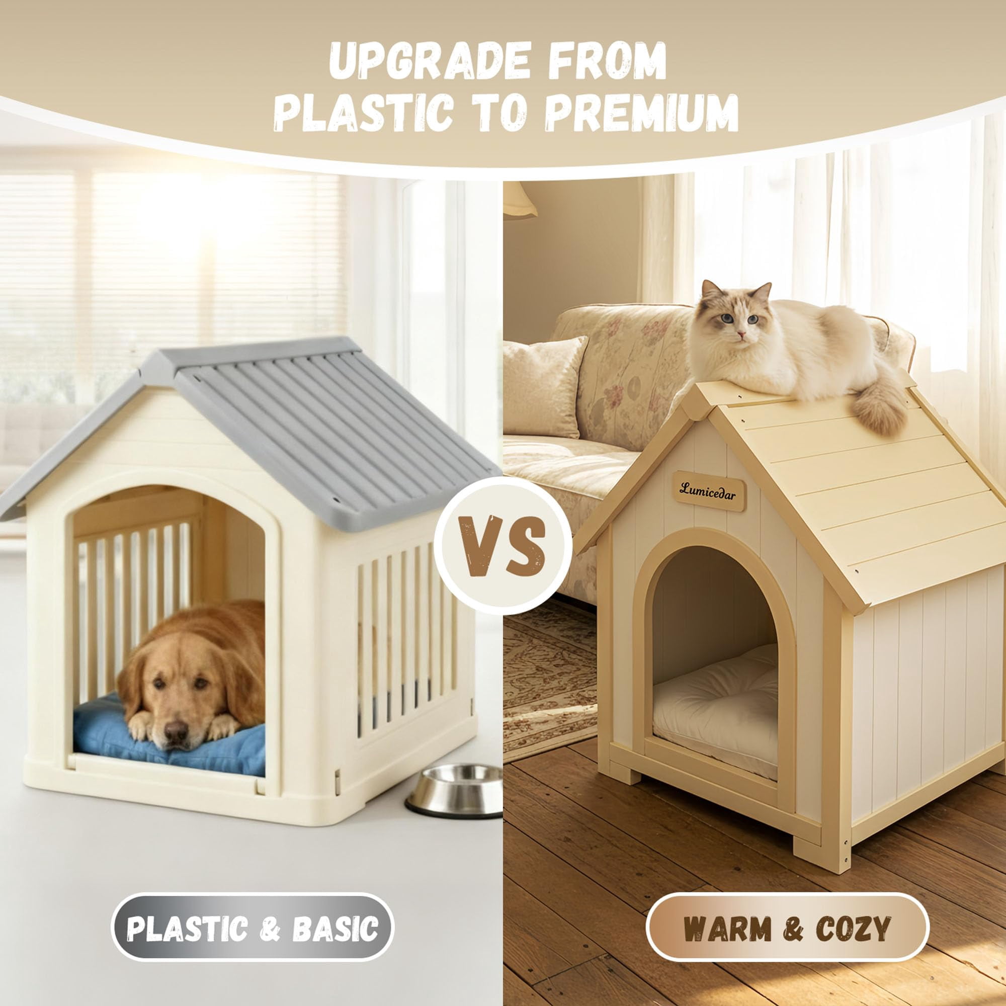 S-HOME FSC Solid Cedar Pet House - Cream Yellow Cabin Style Shelter for Small Dogs and Cats, Comfortable Haven