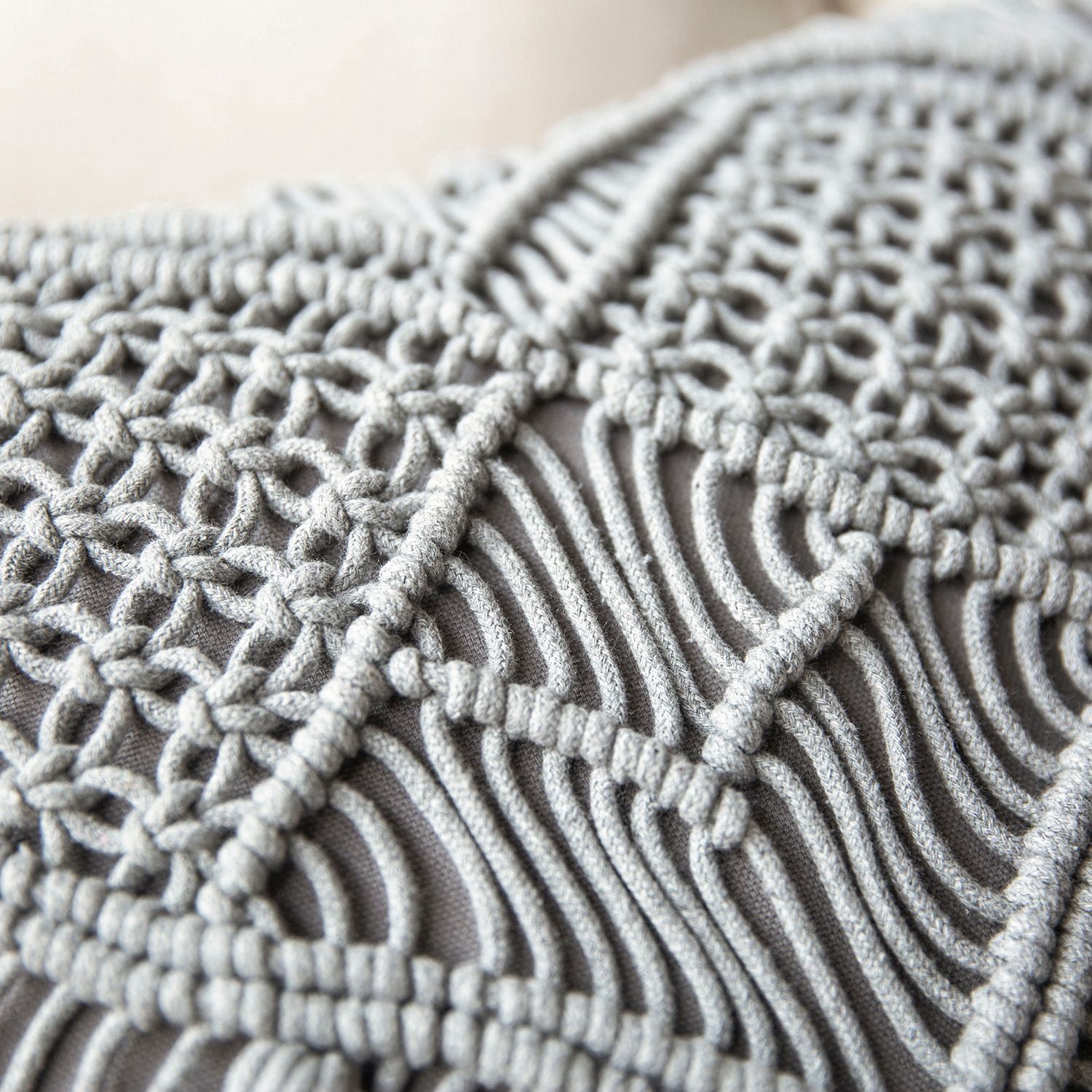 Phantoscope 100% Cotton Handmade Crochet Woven Half Covered Throw Pillow, 18 x 18 in Square Cushion with Tassels, Boho Style, Light Gray, 1 Pack