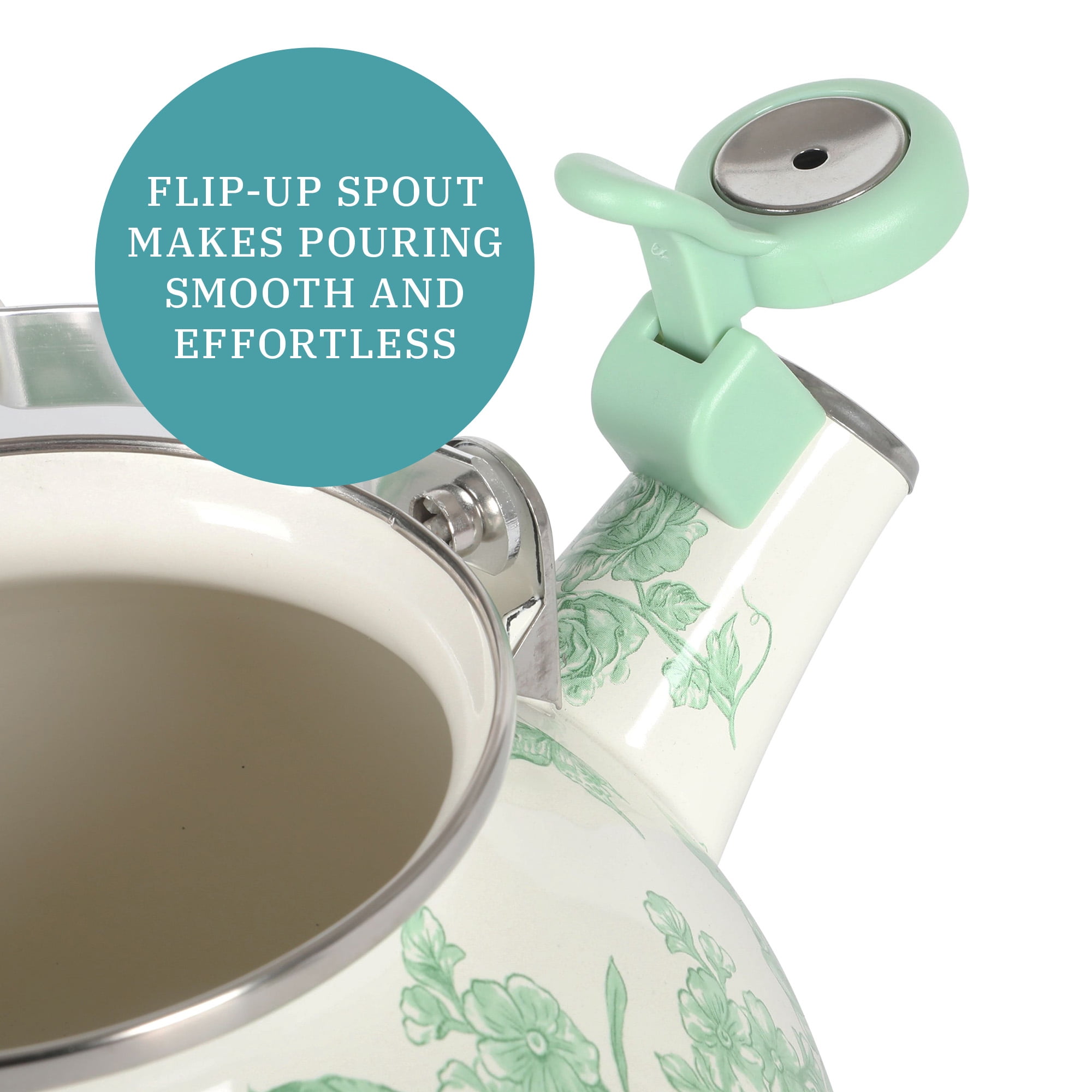 The Pioneer Woman Agatha 2.0-Quart Enamel on Steel Whistling Tea Kettle, Green