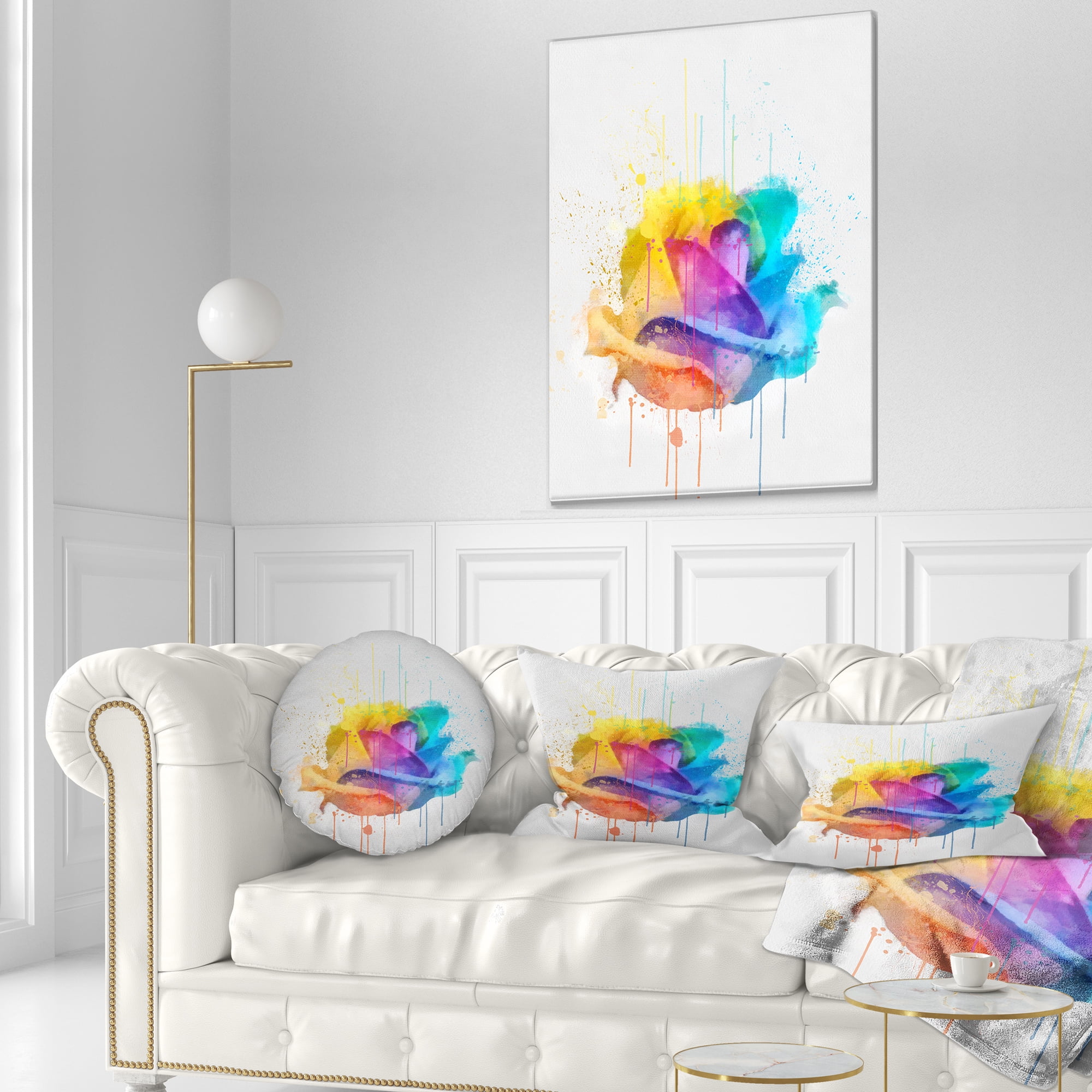 Designart Multicolor Rose with Color Splashes - Floral Throw Pillow - 12x20