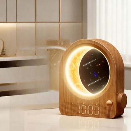 Sunrise Alarm Clocks with Dimmable Moon Lamp, 2 Alarm Clocks with 12Levels Volume for Heavy Sleepers, 10 Natural Sounds with 30/60/90mins Timer for Bedrooms, Gifts for Women (Brown Woodgrain)