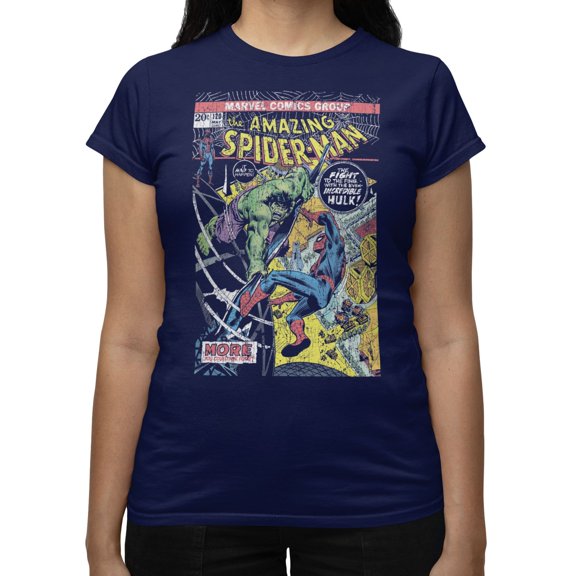 Marvel Spider-Man Women's Comic Book Cover T-Shirt (Iris Navy, S-XXL)