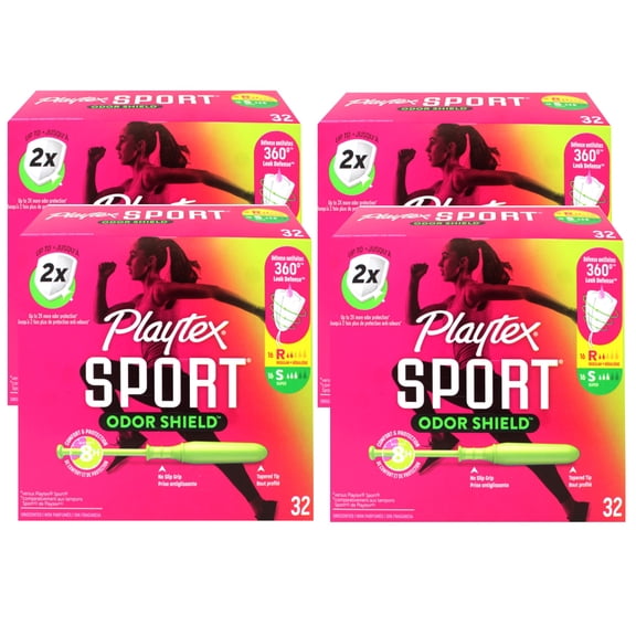 Playtex Sport Odor Shield Tampons (16ct Regular/16ct Super), with 360 Leak Defense, Unscented, 32 Count - 4 Pack