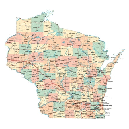 Wisconsin Fishing Maps - Laminated Map - Large administrative map of Wisconsin state with roads, highways and cities Poster 24 x 36