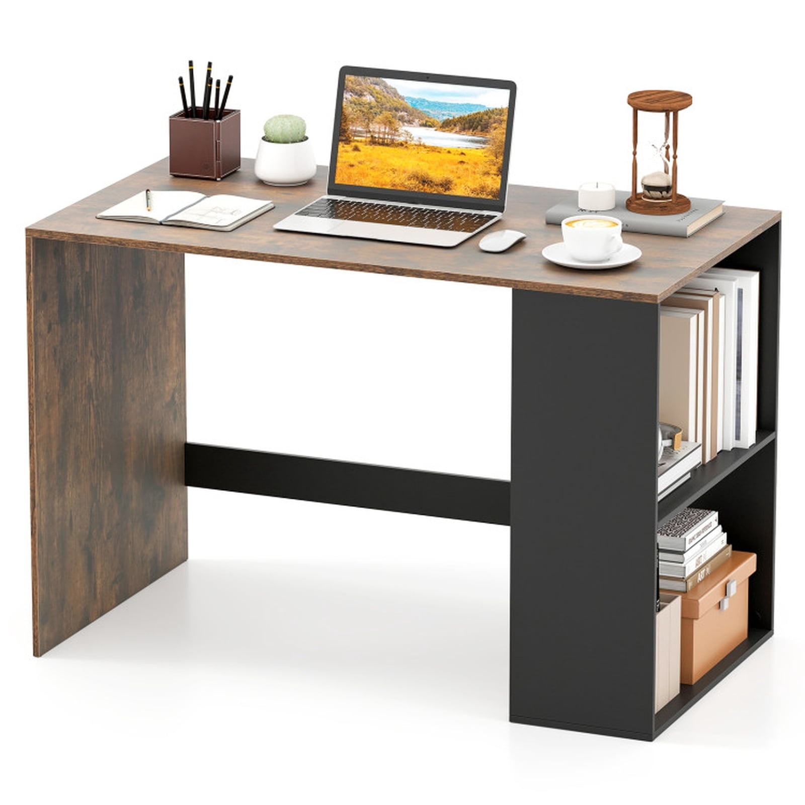 Furnibear 44 Inch Wooden Computer Desk with 2-Tier Bookshelf and Spacious Desktop Compact Home Office Workstation, Rustic Brown
