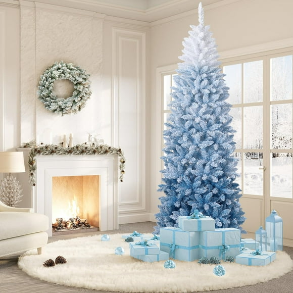 Pencil Christmas Tree Artificial Slim Xmas Trees – Skinny Pink Flocked Christmas Tree Decorations with Pre-Lit Lights