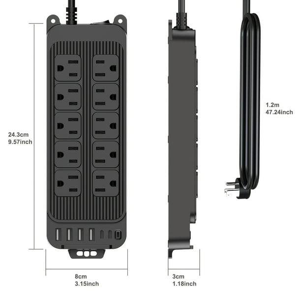 Tira de alimentación protectora contra sobretensiones 16 en 1 con 10 tomas de corriente alterna y 6 puertos USB (4 USB-A/2 USB-C), carga rápida PD de 18W, 2400W/12A, certificado de seguridad ETL