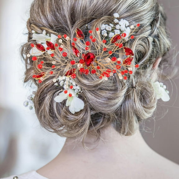UPGRATOR Bride Hair Accessory 1Pcs Red Rhinestone Bridal Hair Comb For Wedding And Formal Events