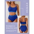 thumbnail image 5 of Eytino High Waisted Textured Bikini Set - Scoop Neck Two Piece Swimsuit with Floral Trim Dark Blue 2XL, 5 of 7