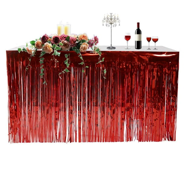 Falda de mesa de papel de aluminio con flecos metálicos, cortina de mesa de oropel para fiesta de Luau, cumpleaños, aniversario de verano, decoración de mesa navideña seitruly JJ15657-05