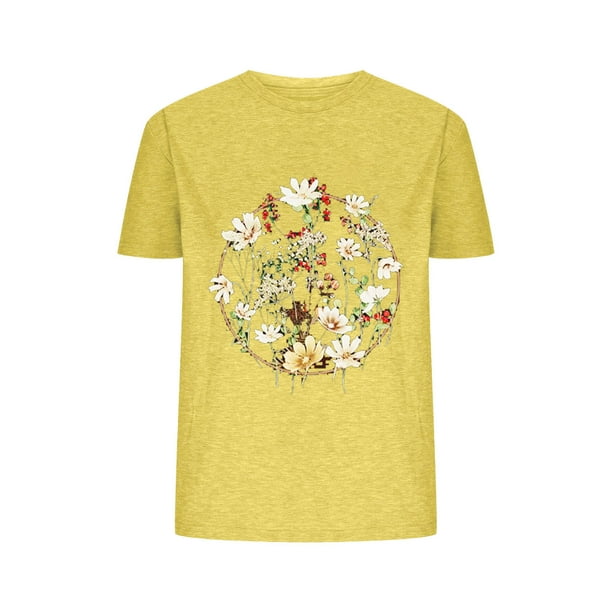 Blusas de Verano de las Mujeres Flor Impresa Cuello Redondo Manga Corta Superior, Verano Superior de las Mujeres