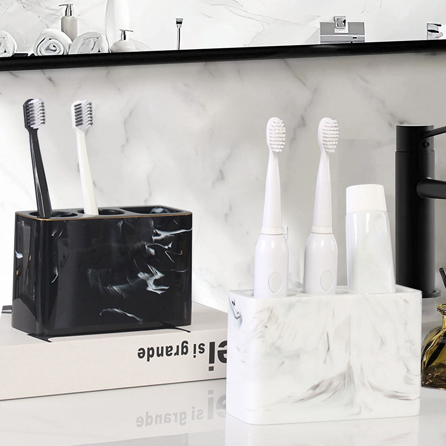 INCTUO Toothbrush Holder, 3 Slots Electric Toothbrush and Toothpaste Holder, Resin Bathroom Countertop Storage Bathroom Accessories Toothbrush Stand for Vanity Counter Organizer Caddy - Black