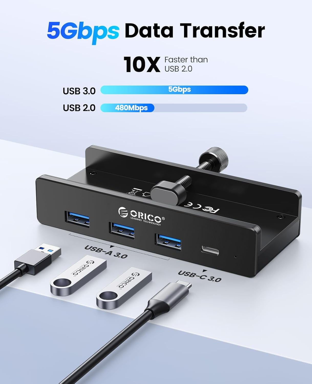 USB Hub 3.0, Clamp USB Hub with Extra Power Supply Port, Aluminum 4-Port USB Adapter with 3 USB-A Data Ports, USB-C Port for Monitors, Desks (Black)