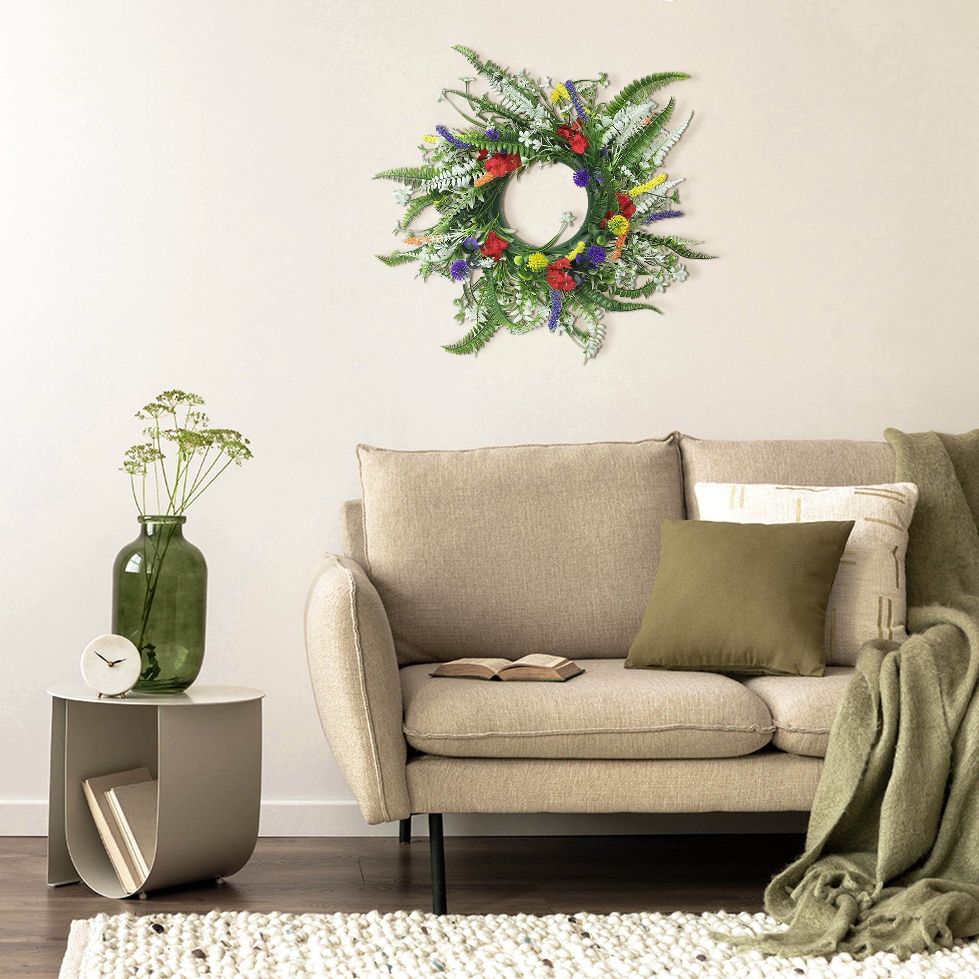 Unique Bargains Colorful Flower Front Door Wreath Farmhouse Spring Summer Decor Green 14"