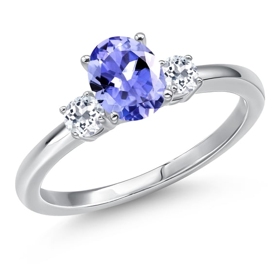 Gem Stone King 14K White Gold Blue Tanzanite and White Topaz Engagement Ring for Women | 1.03 Cttw | Oval 7X5MM | Gemstone December Birthstone | Size 5