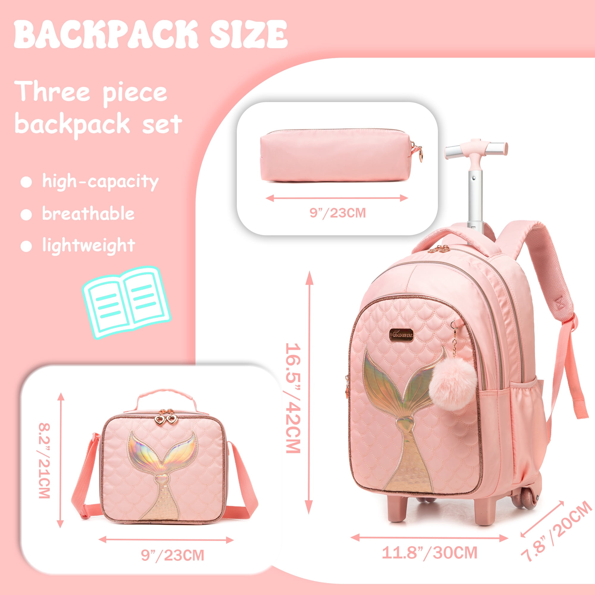 Pink Kids Rolling Backpacks for Girls Roller Backpack with Wheels Lunch Bag Pencil Case Wheeled School Bag for 8-10 Mermaid
