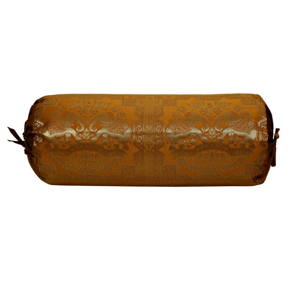 Stylo Culture Indian Decorative Brocade Bolster Pillow Cover Mustard Yellow Gold Floral Silk Jacquard Weave Round Neck Pillow Elephant Cylindrical Cushion Cover - (76x38 cm) | 1 Pc (Cover Only)
