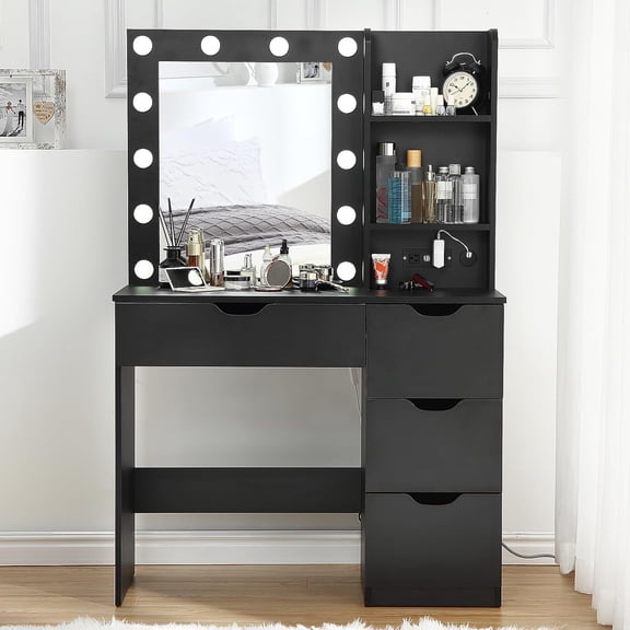 Vanity Desk Table with Mirror/Charging Station/3 Lighting Modes Adjustable Brightness Lights - Makeup Vanity for Bedroom Dresser with 4 Storage Drawers Cabinet/2 Storage Shelves - Black