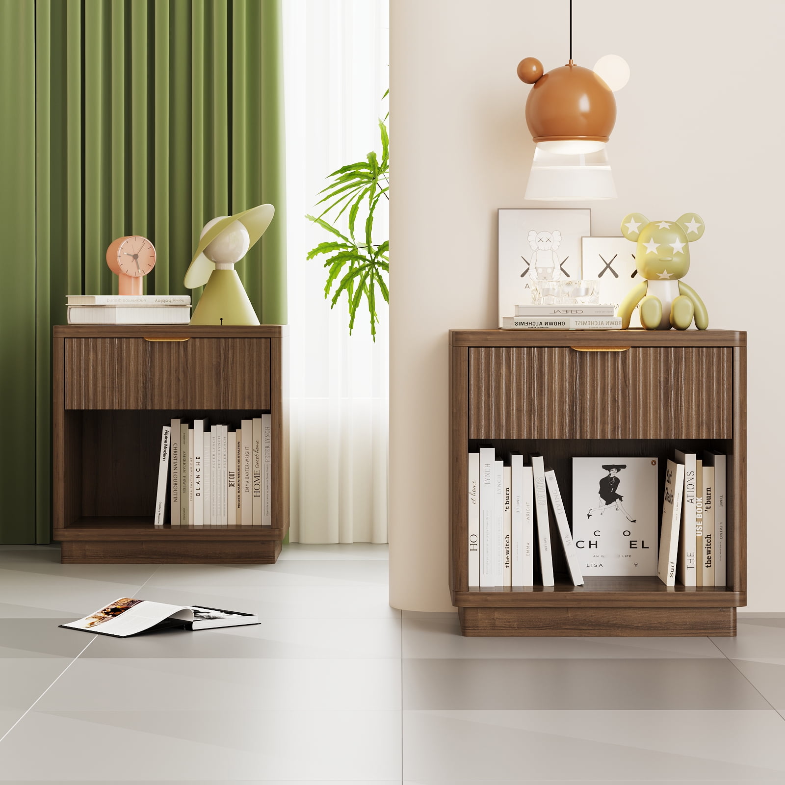 Pusnapku Fluted Night Stand, 22" Farmhouse Bedside Table with Charging Station, Curved Design Wood End Table with Drawer, for Living Room, Bedroom
