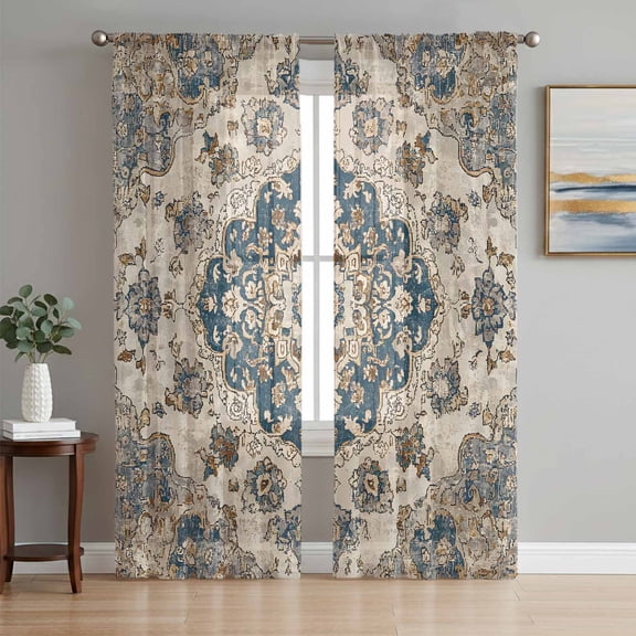 Blue Brown Boho Sheer Curtains 96 Inch Length 2 Panels Set, Ethnic Vintage Southwestern Geometric Voile Window Treatment Semi Sheer Long Curtains Drapes for Bedroom/Living Room/Kitchen 52"x96"x2