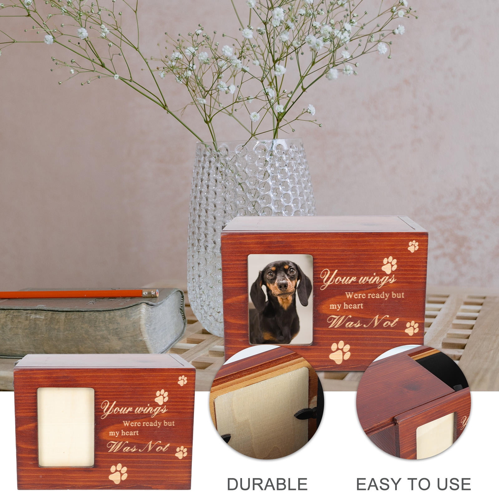 FRCOLOR Wood Memorial Box Brown Pet Urn for Ash Storage with Photo Frame
