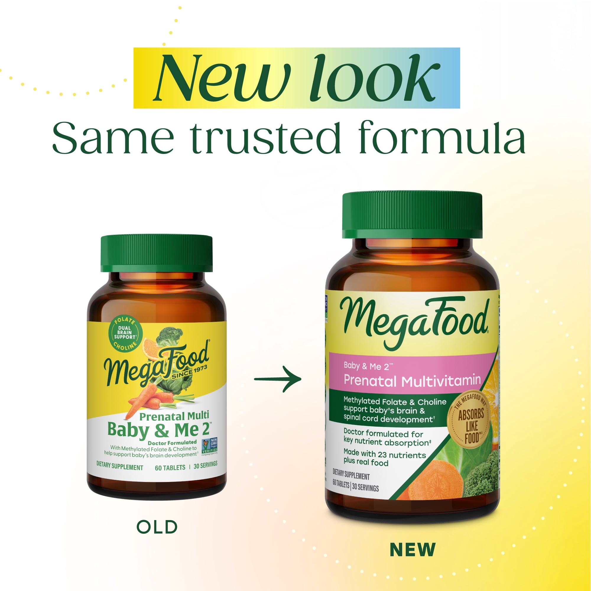 MegaFood Baby & Me 2 Prenatal Multi - Folate, Choline, Iron, Vitamins C & D3 - 30 Servings