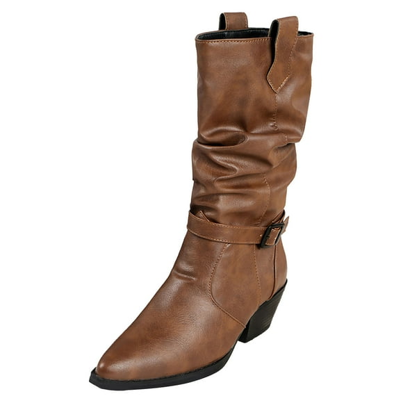 B91xZ Cowboy Boots for Women Mid Calf Low Kitten Heel Suede Pointed Toe Stretch Fall Fashion Dressy Booties,Brown 8.5