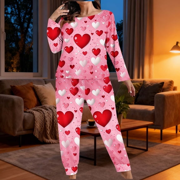 Uaswgudfs Women's Plus Size Valentine's Day Heart Print Pajama Set - Long Sleeve 2-Piece Lounge Wear