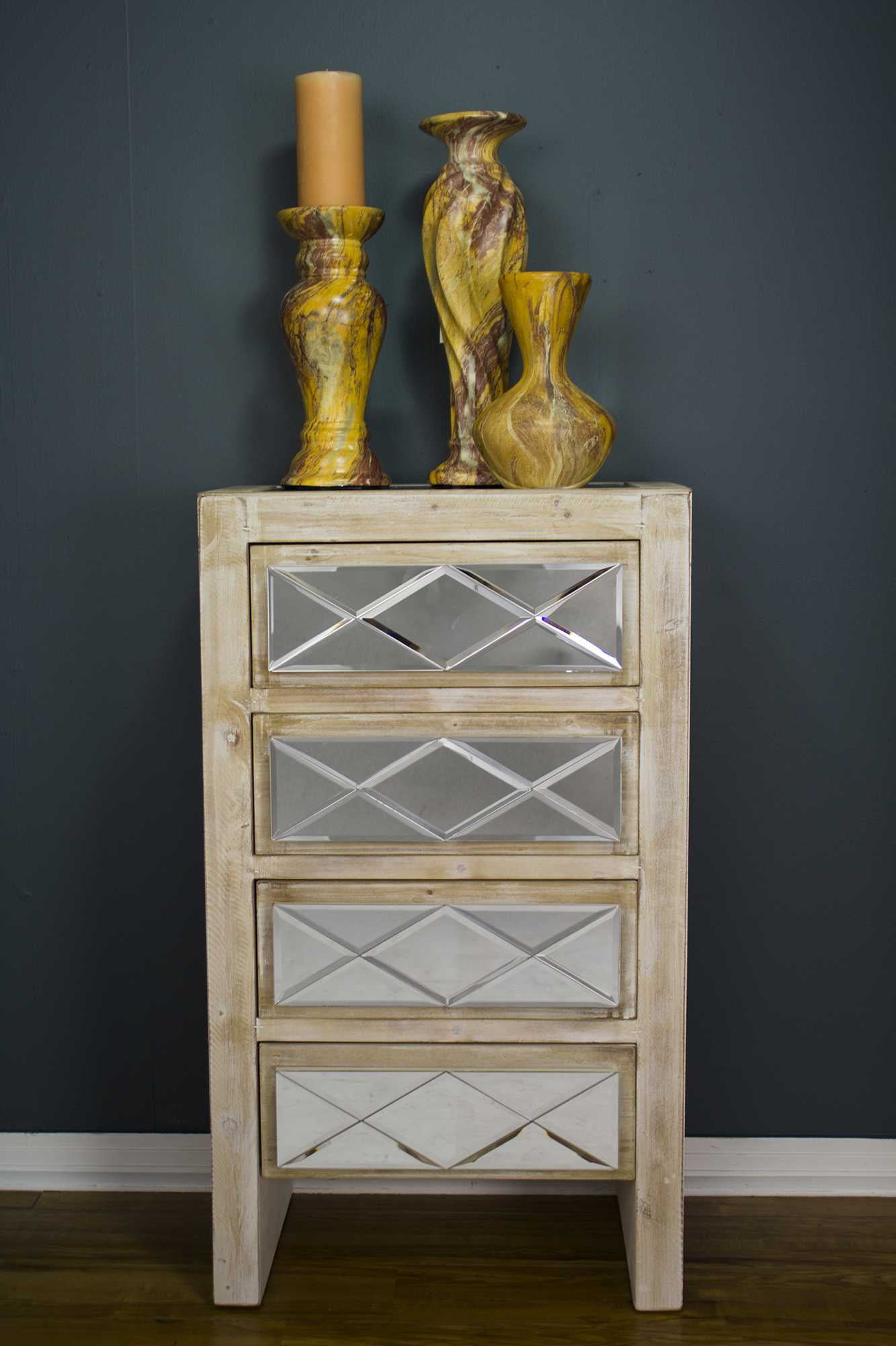 34.25' White Washed Wood Accent with 4 Drawers and Mirrored