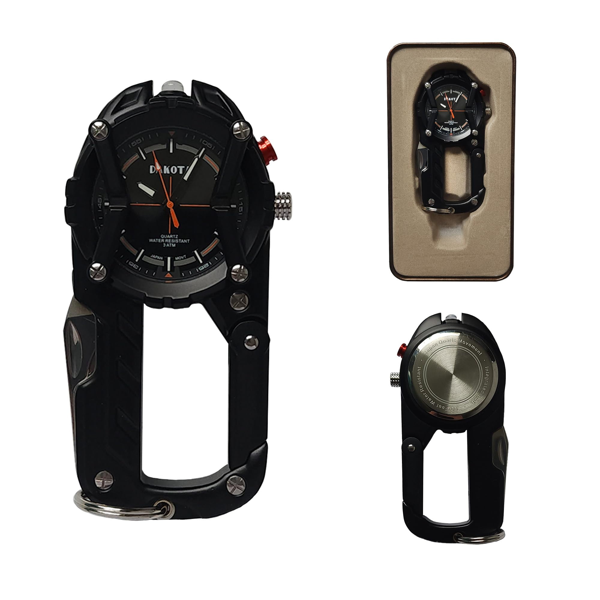Multitool Clip Watch for Men – Black | 100ft Water Resistant Clip-On Watch with LED Light, Bottle Opener, Screwdriver & Carabiner – Outdoor Work, Camping, Hiking Tool