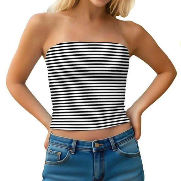 APEXFWDT Women's Striped Tube Tops Strapless Bandeau Tops Double Lined Slim Fit Summer Y2K Going Out Tank Tops for Girls,S,Black