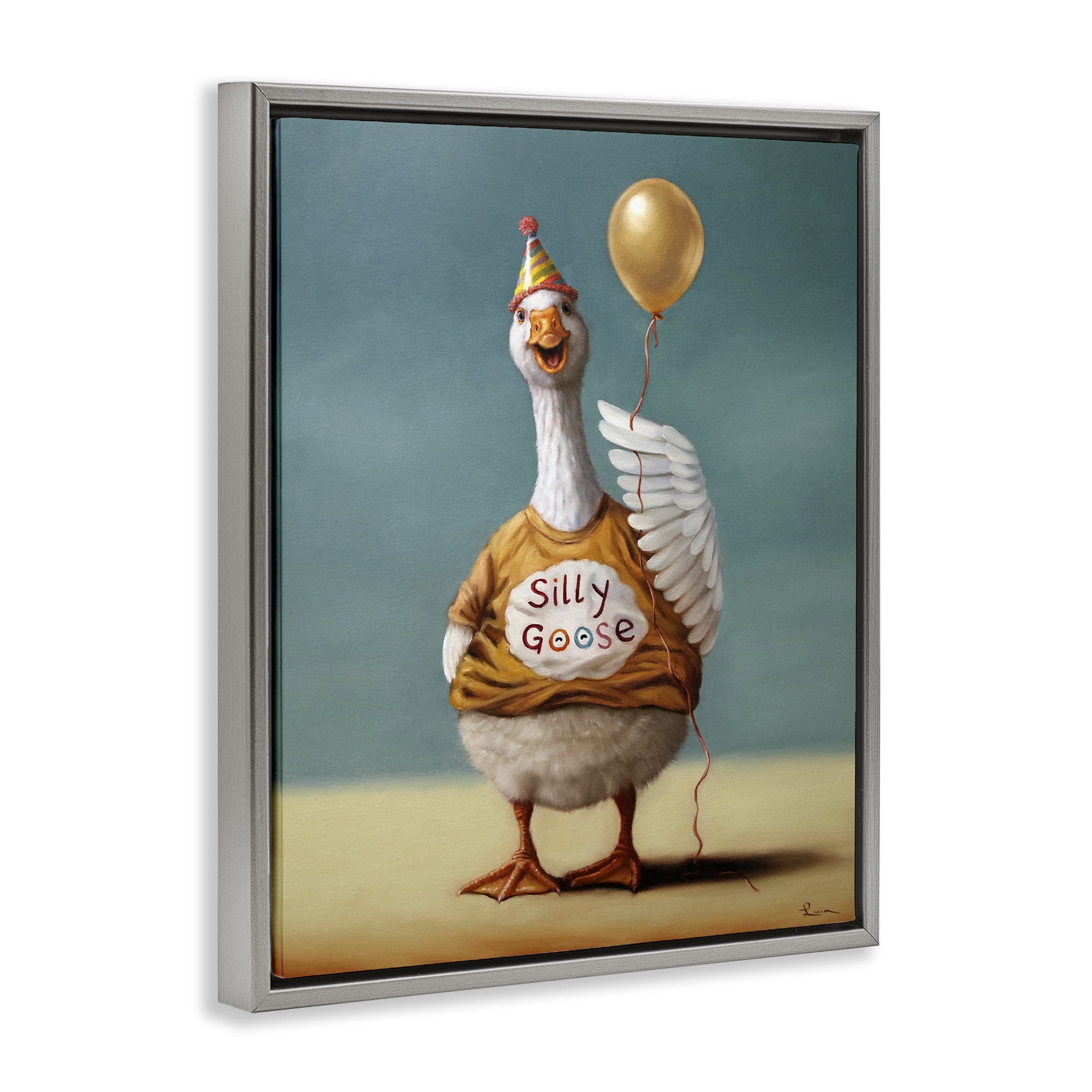 Stupell Industries Silly Goose with Balloon Gray Framed Floater Canvas Wall Art, design by Lucia Heffernan