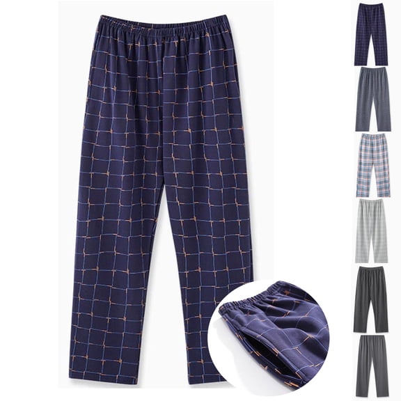 Zenithor Mens Cotton Plaid Elastic Waist Pajama Pants Straight-Fit Night Lounge Trousers Soft Pants for Weekend Relaxing or Sleeping,M-4XL Blue