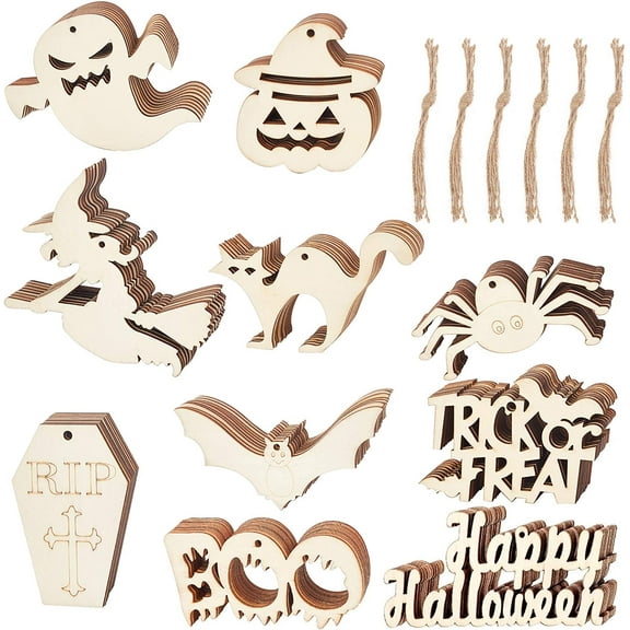 100 Sets Wooden Slices Pumpkin Ghost Spider Wood Crafts Hanging Ornament Unfinished Wooden Cutouts with 100pcs Twine Ropes for Ornaments Supplies Holiday Decoration