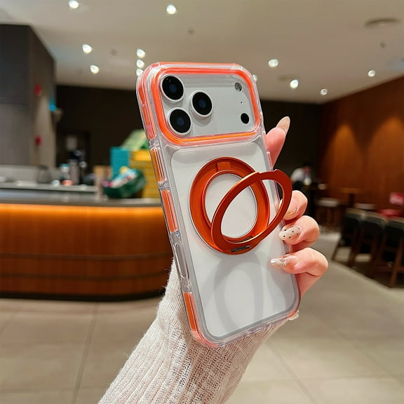 for iPhone 17 Pro Transparent Case with Metal Magnetic Ring Holder Kickstand, Shockproof Protective TPU PC Material Anti-Scratch Anti-Fingerprnt Lightweight Clear Phone Case, Orange