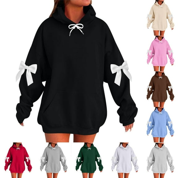 Ashirexll Womens Hooded Pullover Zip Up Hoodie Women Bow Detail Loose Long Sleeve Off Shoulder Casual Winter Tops