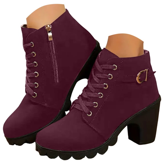 IUJSOY Womens Combat Boots Low Block Heel Fashion Lace up Chunky Short Boots Side Zipper Booties