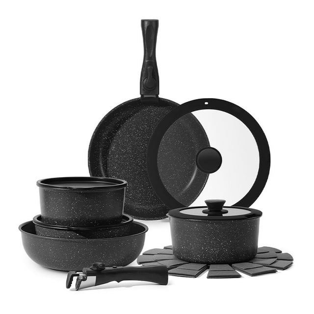 Sartenes Antiadherentes, Juego de 15 Ollas, Juego de Sartenes con Mango Desmontable, Batería de Cocina Apto para Lavaplatos Y Horno (Negro)