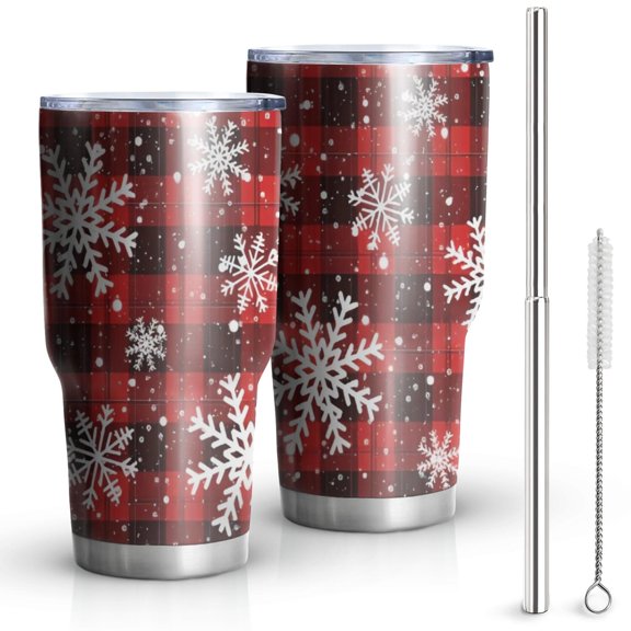 30oz Red and Black Christmas Snowflake Pattern Tumblers Stainless Steel Tumbler with Lid and Straw,Vacuum Insulated Double Wall Travel Tumbler Cups Mug with Cleaning Brush for Coffee,Tea