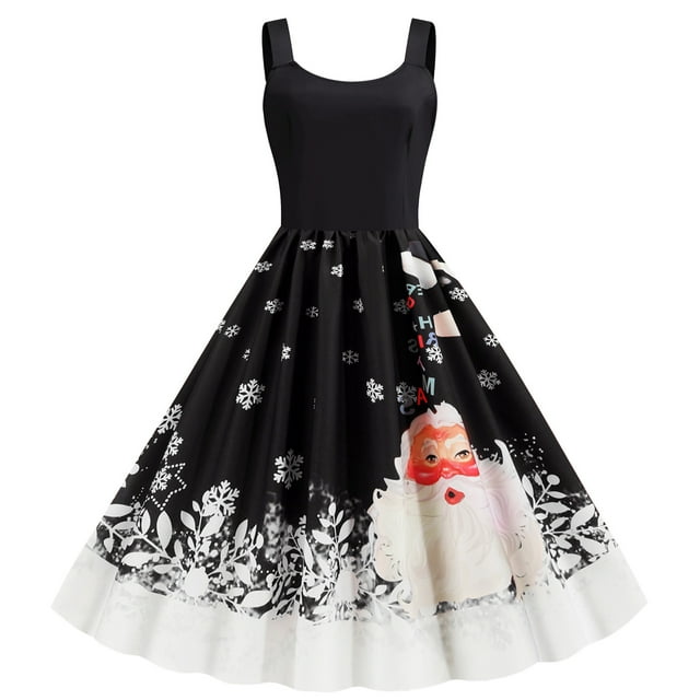 Robe de Noël Femme Mince Imprimé Épissage Robe de Noël Sans Manches Col Rond