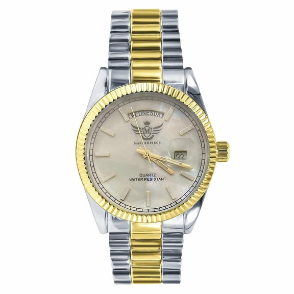 2 Tone Gold Men's White MOP Dial Day/Date Function Steel Back Metal Band Watch