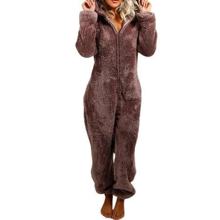 

LisenraIn Women S Warm Plush Romper Winter Pajamas Zipper Hooded Jumpsuit