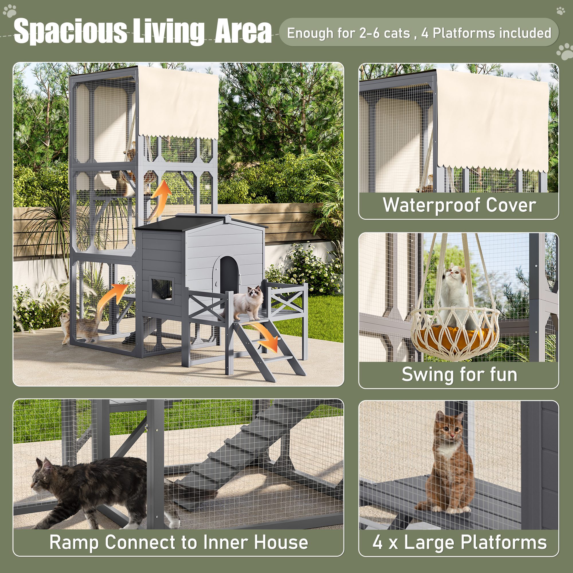 Llinc Store Catio Cat House Outdoor Large Cat Enclosure, Wooden Cat Cage Outdoor with Jumping Platforms and Cat Swing, Removable Waterproof Cover, UV Resistant, 2 Combination, Gray