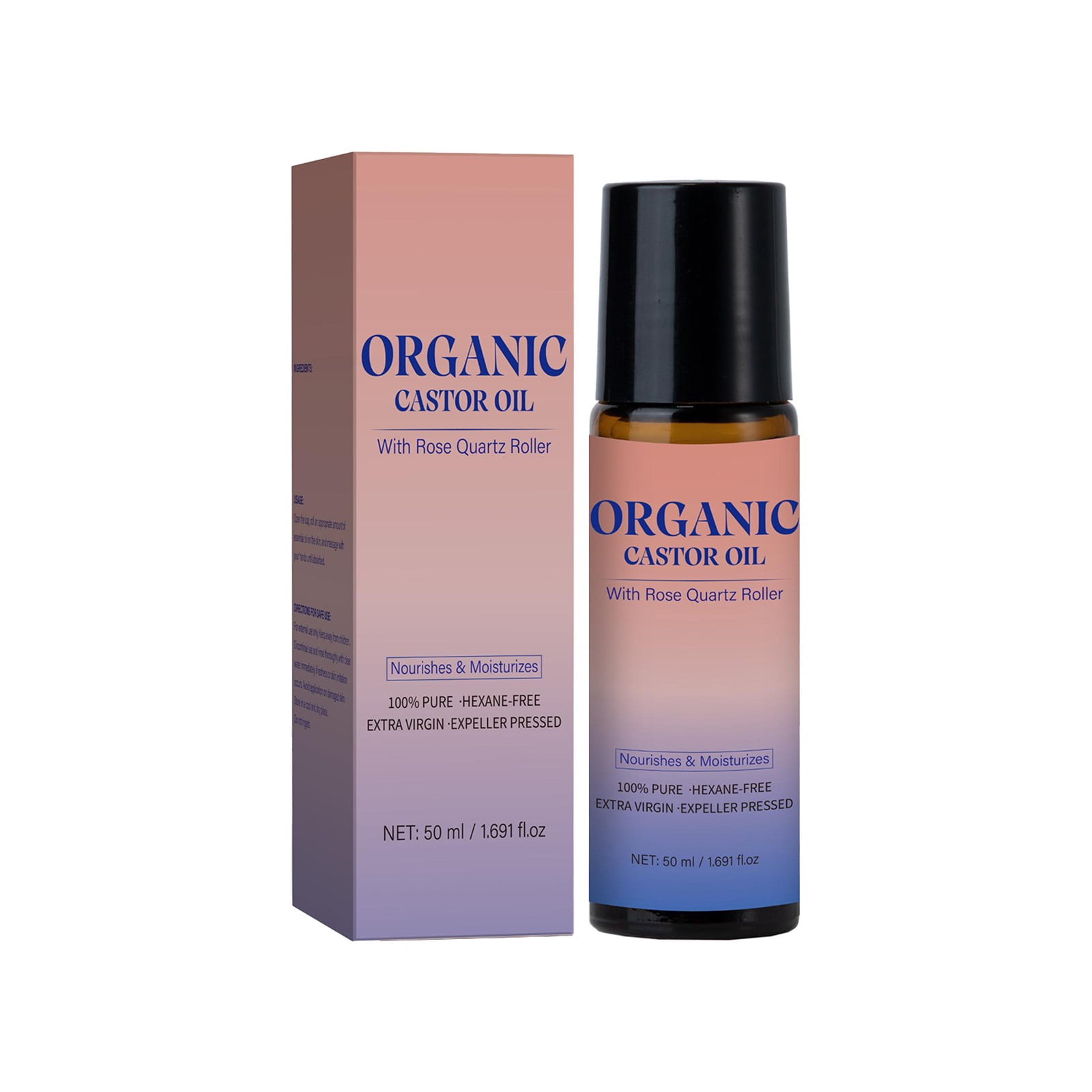 Organic Castor Oil Roll-On with Rose Quartz Roller, 50ml Bottle with Roller Ball, 100% Pure Extra Virgin Cold-Pressed for Skin, Brows & Lashes