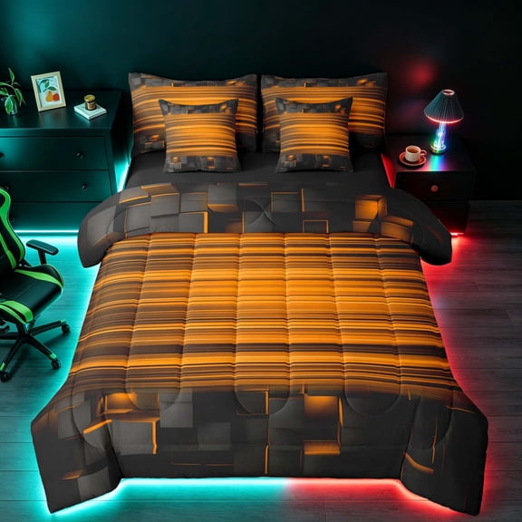 Manfei 3D Cube Neon Light Twin Bedding, Orange Gradient Stripe Bedding Comforter Set, Orange Black, Black Reversible 7pcs