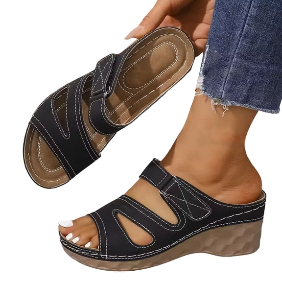 Rokment Women's Arch Support Orthopedic Wedges Sandals Comfortable Leather Platform High Heels Dressy Slip on Fashion Casual Summer Walking Slides Slippers Adjustable Black Size 6