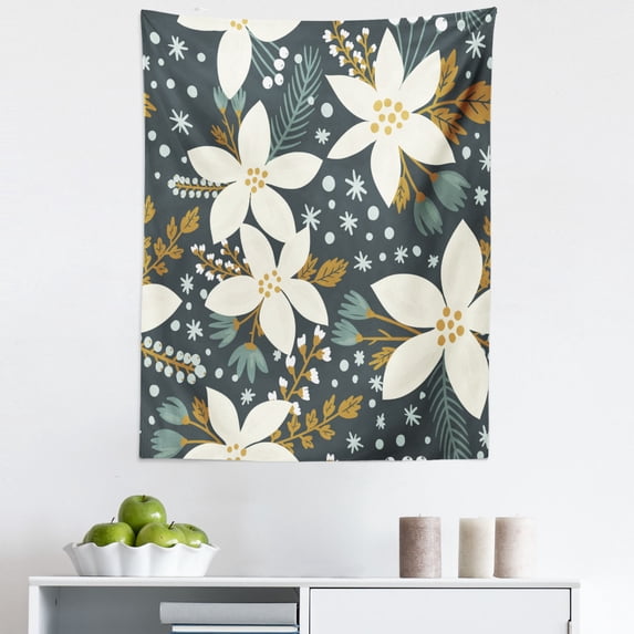 Floral Tapestry, Hand Drawn Poinsettia Flowers Garden Blossoms Hawaiian Inspired Art Print, Fabric Wall Hanging Decor for Bedroom Living Room Dorm, 5 Sizes, White and Caramel, by Ambesonne
