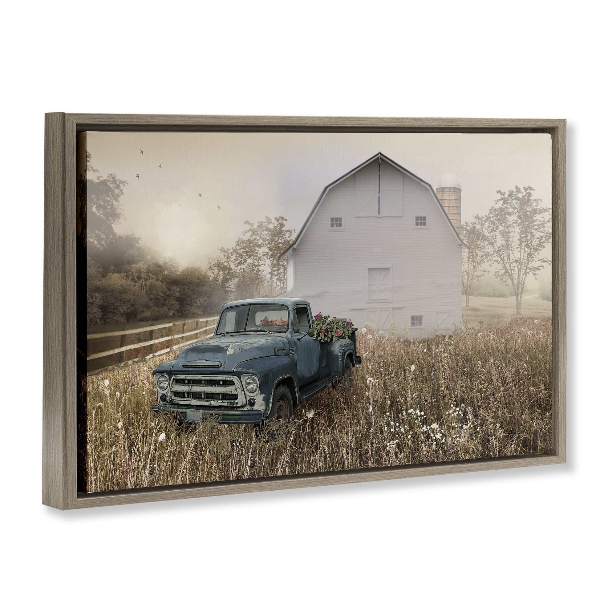 Stupell Industries Vintage Pickup in Wildflowers Brown Framed Floater Canvas Wall Art, design by Nan