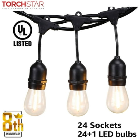 - TORCHSTAR 48ft LED Outdoor Weatherproof Commercial String Lights, Outdoor String Lights for Party, Restaurant, Garden, Patio, 24 Sockets, 25 Bulbs Included