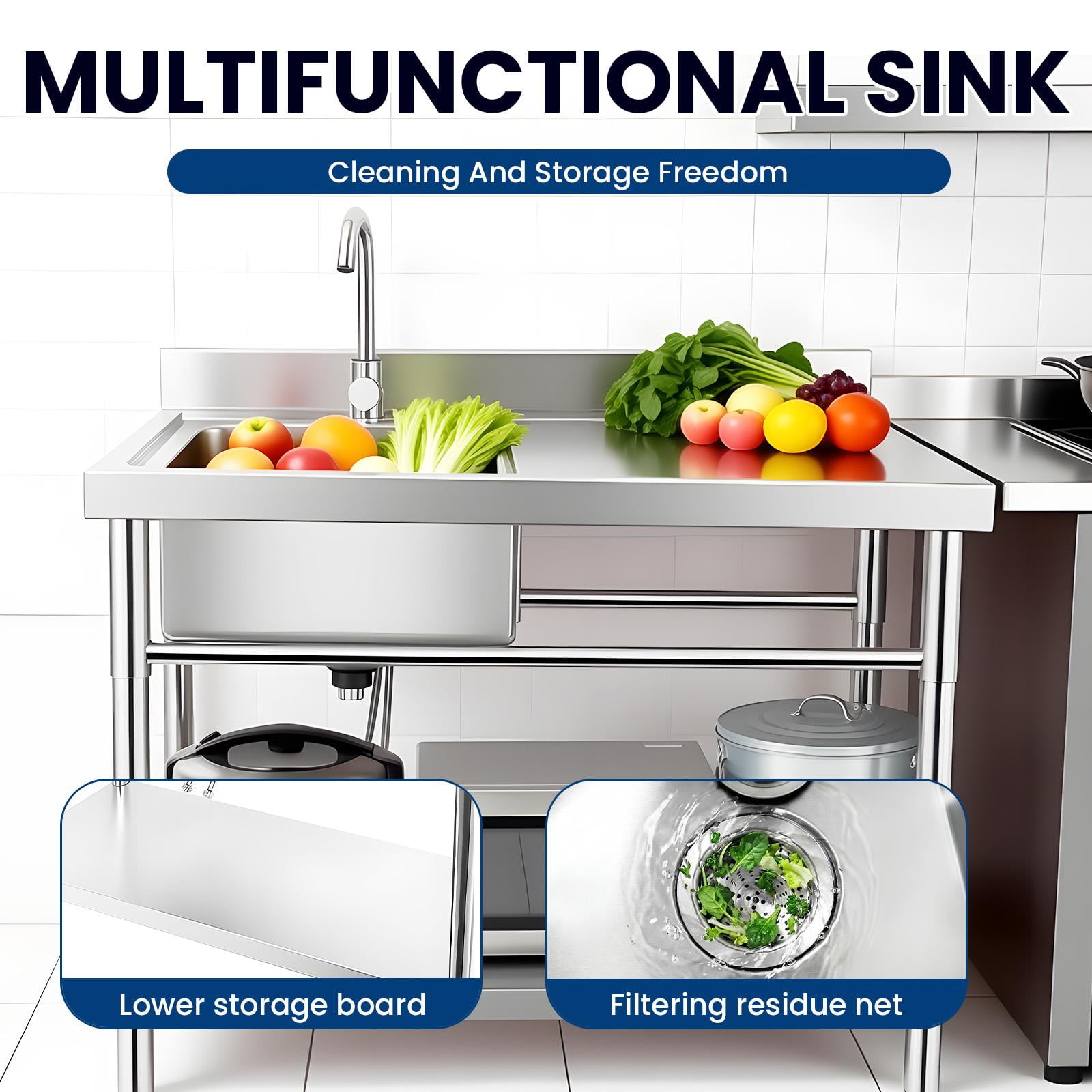 Heavy Duty Stainless Steel Utility Sink Load Up to 398LBS, Free Standing Single Bowl Commercial Kitchen Sink with Hot And Cold Water Inlet Pipes, 31.5×23.62×36.37 In, for Garage, Restaurant, Laundry